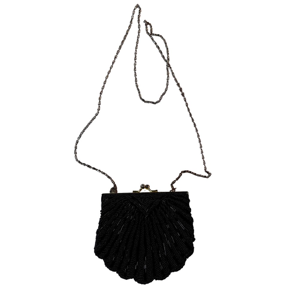 Vintage La Regale Beaded Shell Crossbody Bag Womens Black Art Deco Mermaidcore